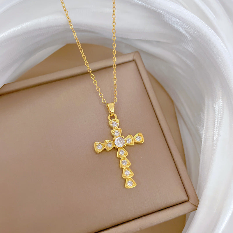 Collana con pendente a croce di lusso con strass in acciaio al titanio con motivo luna unisex