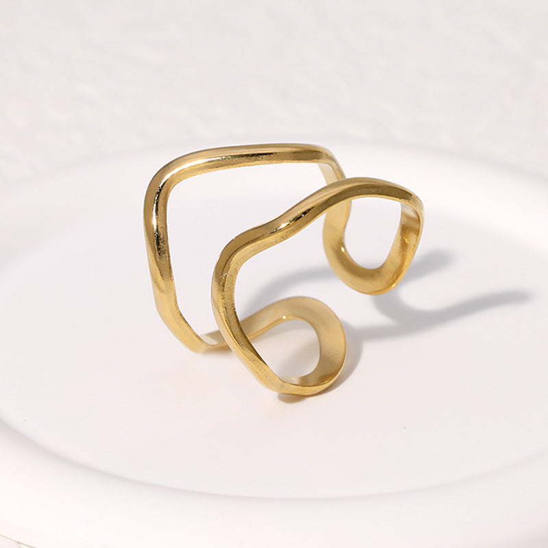 Minimalist Geometric Stainless Steel Open Ring with Asymmetrical Design and Electroplated Finish for Women