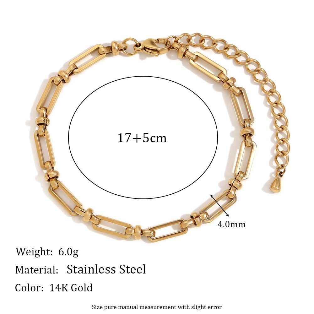 Minimalist Geometric Stainless Steel Plated 14K Gold Safety Pin and Cross Clasp Bracelet for Women