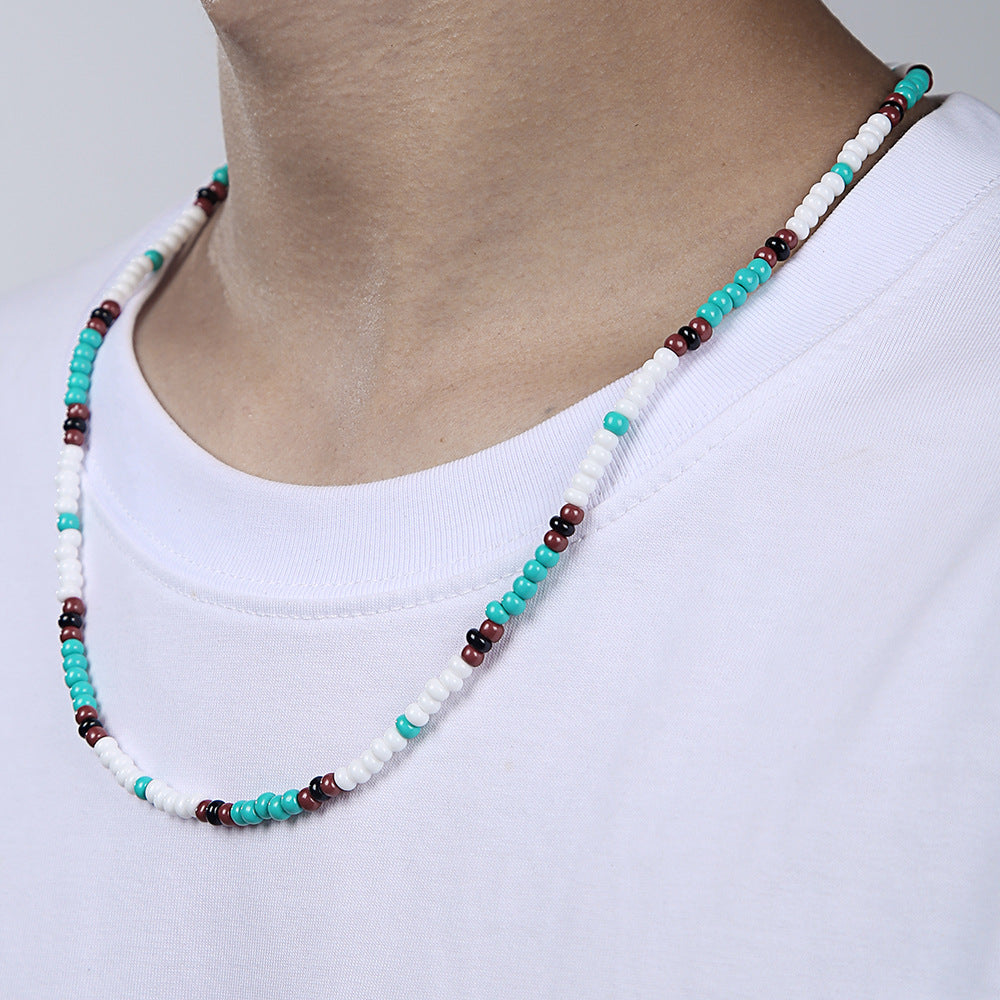 Bohemian Style Geometric Beaded Necklace for Men in Stainless Steel with O-Chain