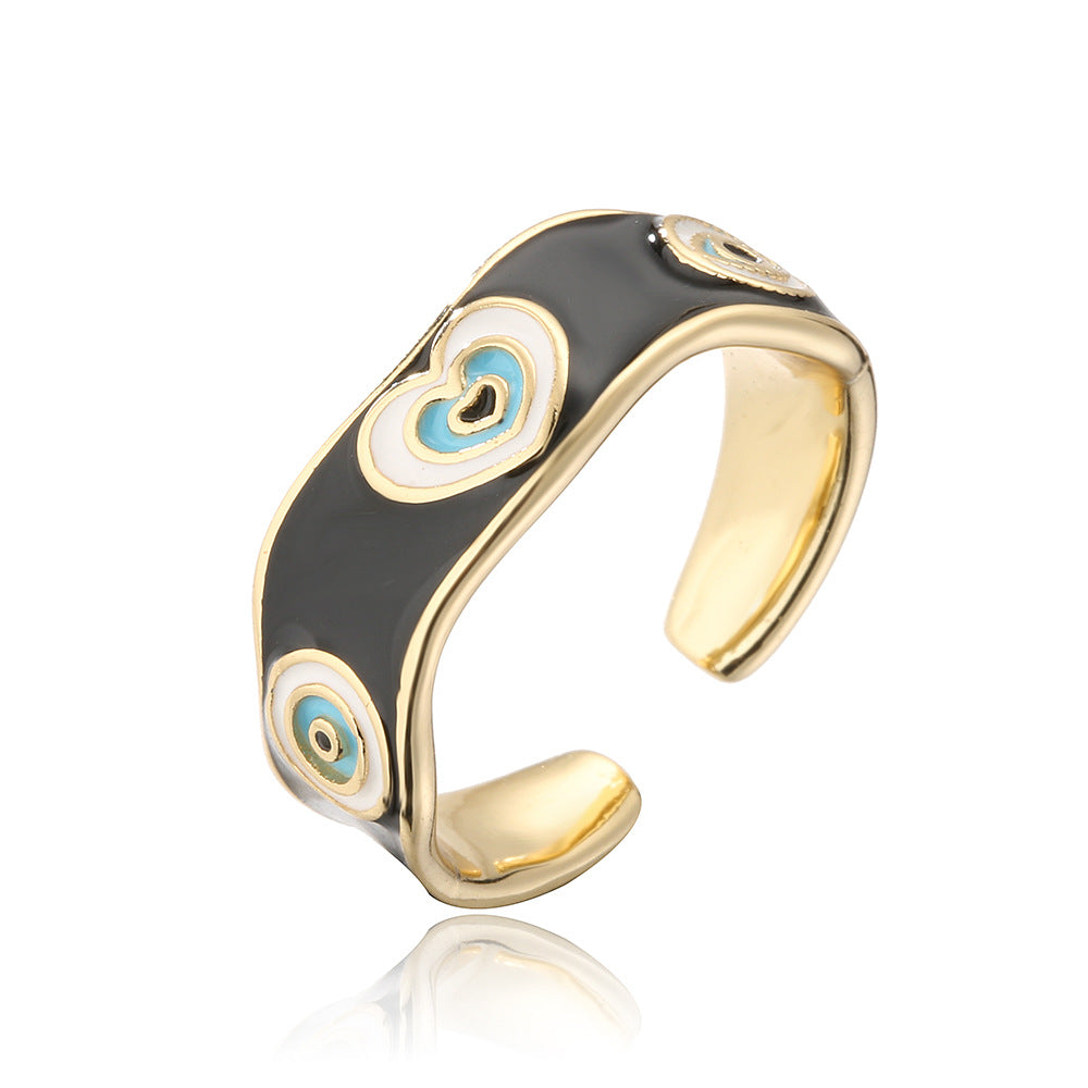 Minimalist Geometric Copper Ring with 18K Gold Plating and Enamel Heart-Eye Pattern