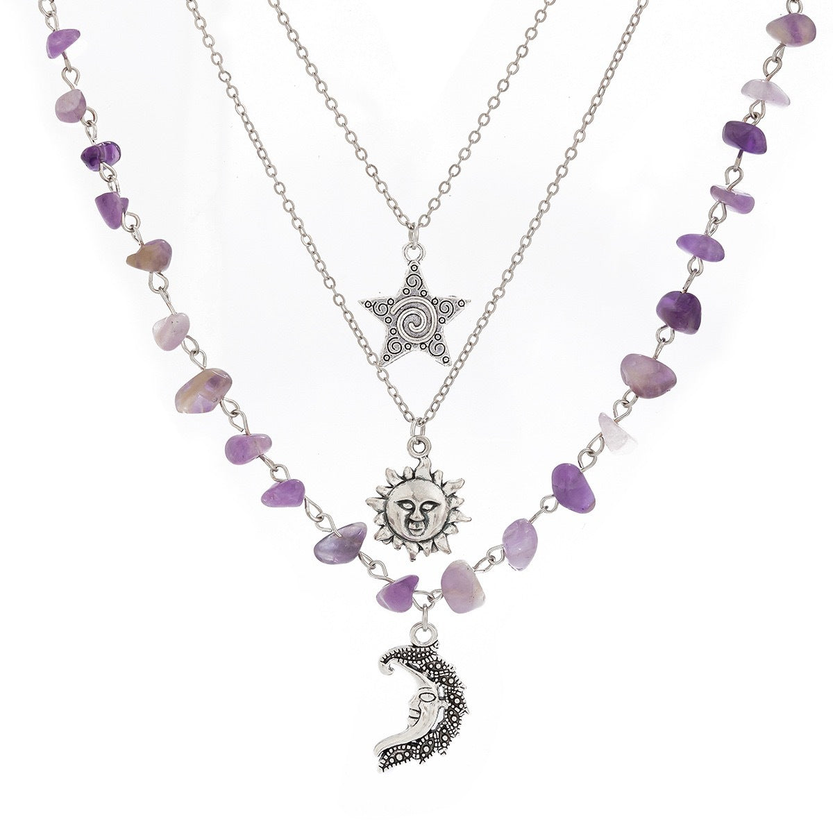 Collana con ciondolo geometrico a forma di stella e luna in lega bohémien placcata con nappa e perline da donna
