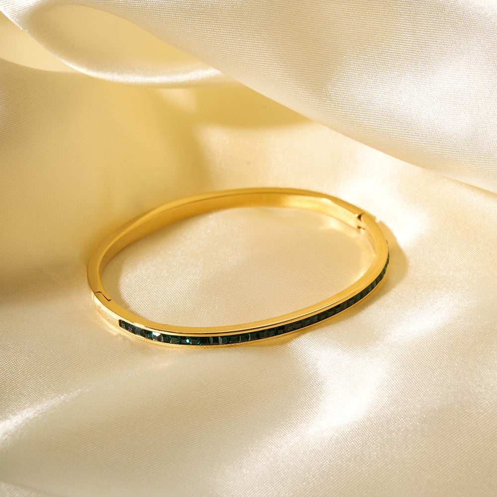 Minimalist Green Zircon Inlaid Stainless Steel Bracelet with 18K Gold Plating Hypoallergenic Fade-Resistant Finish
