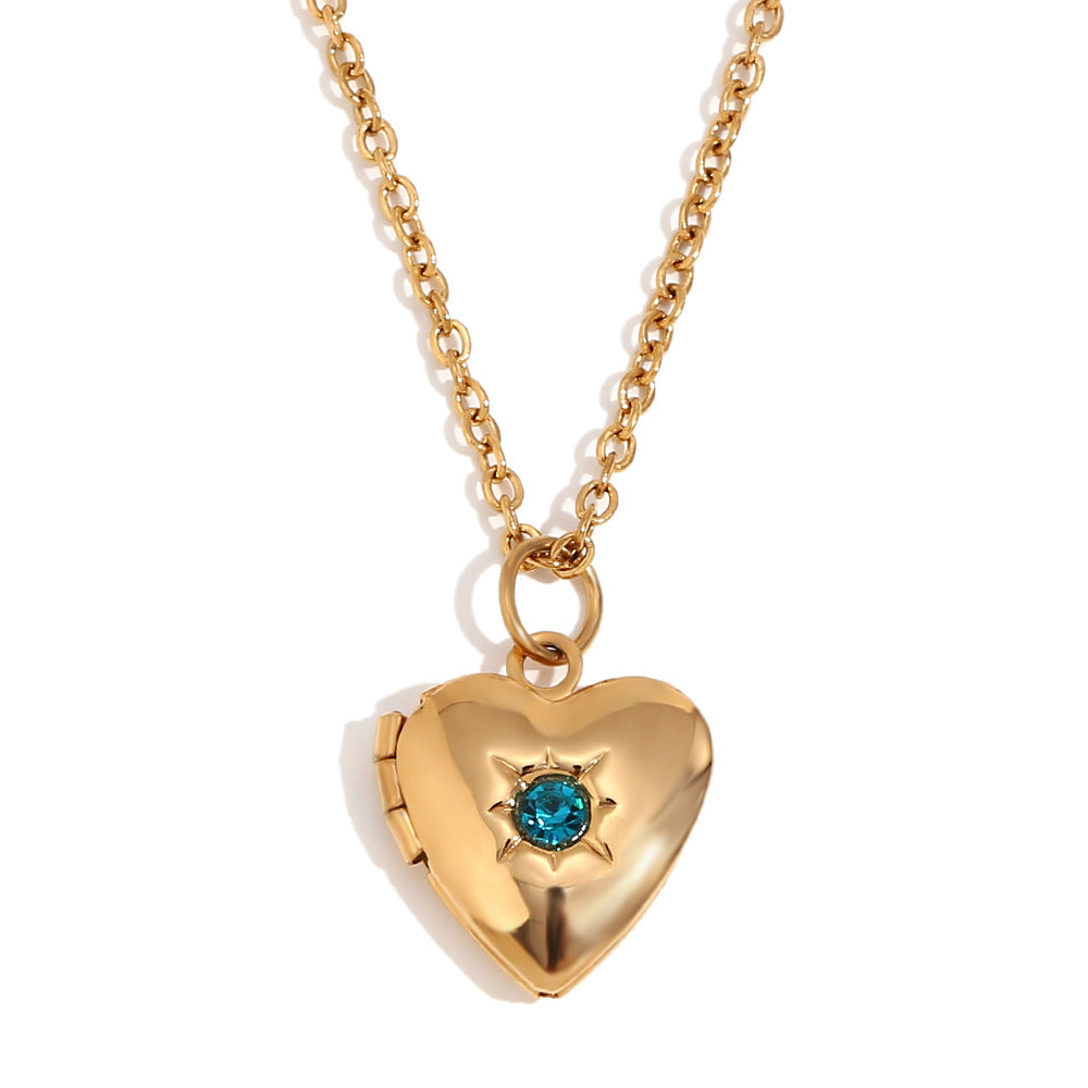 Minimalist Heart Locket Necklace with December Birthstone, Stainless Steel & Titanium Steel, 18K Gold Plated