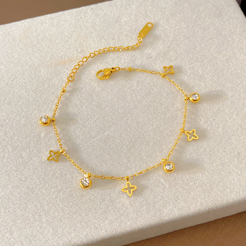 Geometric Butterfly Rhinestone Tassel Plated Titanium Steel Bracelet