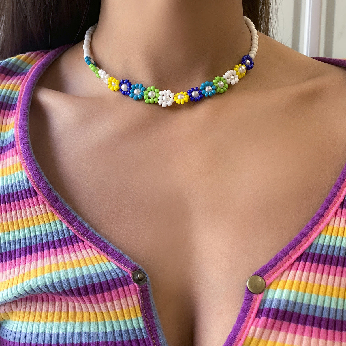 Collana da donna minimalista rustica con perline, floreale, geometrica, fatta a mano