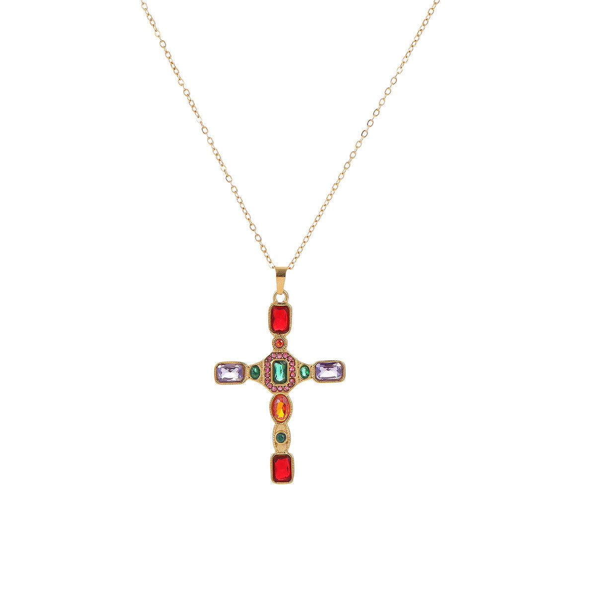 Collar con colgante de cruz geométrica estilo vintage de acero inoxidable con incrustaciones de circonitas de colores para mujer