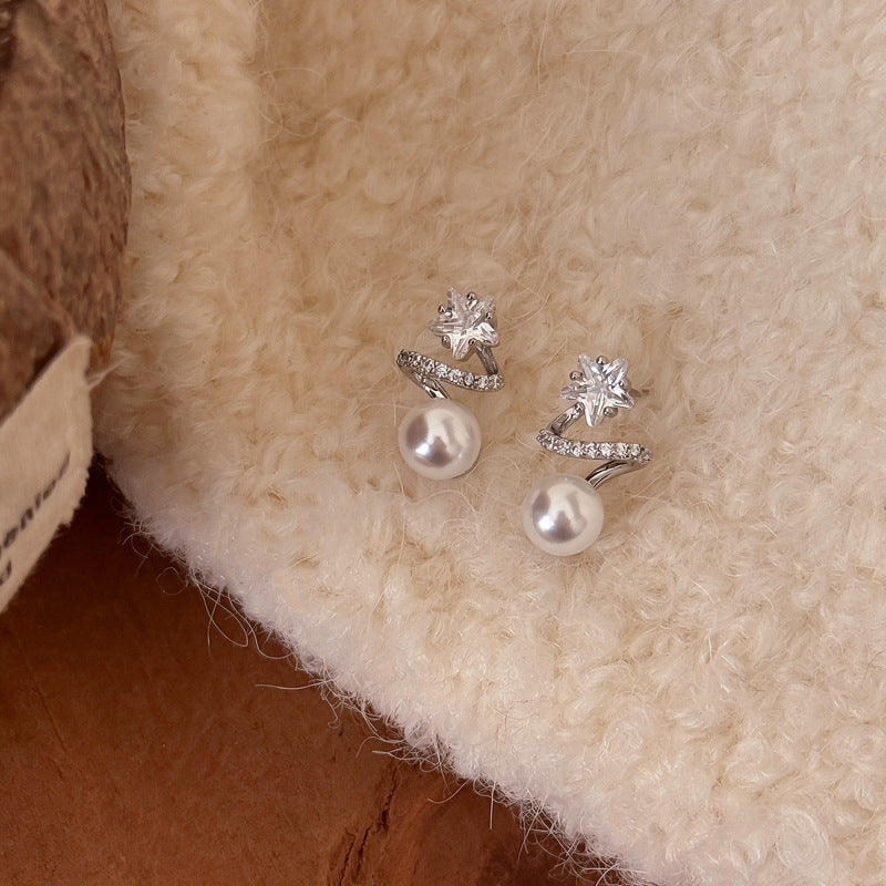 Elegantes pendientes de perlas geométricas en forma de estrella con incrustaciones de circonitas para mujer, uso diario, oficina, joyería de lujo chic