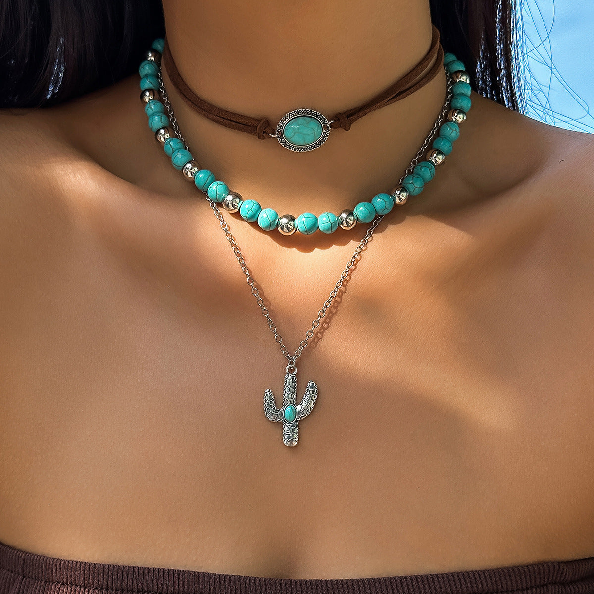 Set di collana con pendente geometrico vintage in lega di zinco con nappe e catena di perline da donna