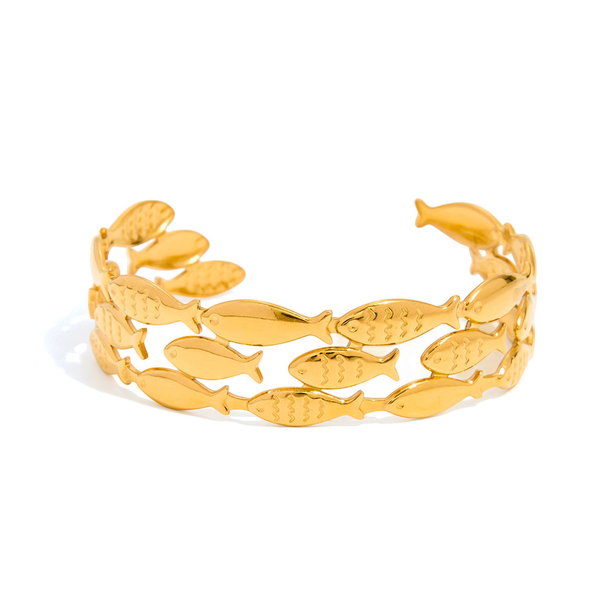 Pulsera Abierta de Tres Capas de Acero Inoxidable Martillado Calado con Diseño de Pez para Mujer
