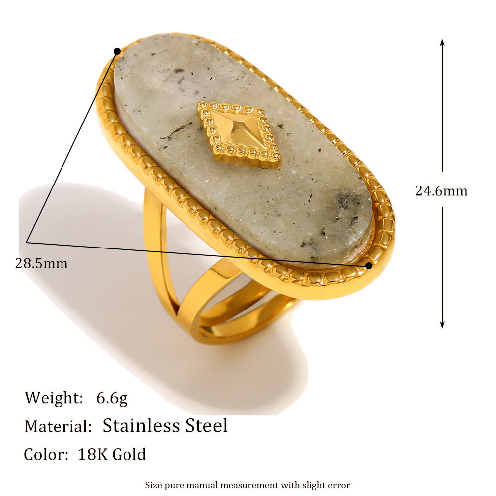 Fashionable Oval White Jade Open Ring in Stainless Steel with 18K Gold Plating for Women