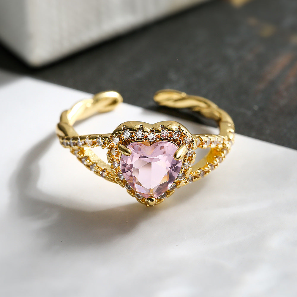 Minimalist Luxe Copper Ring with 18K Gold Plating and Cubic Zirconia Heart Shape for Women