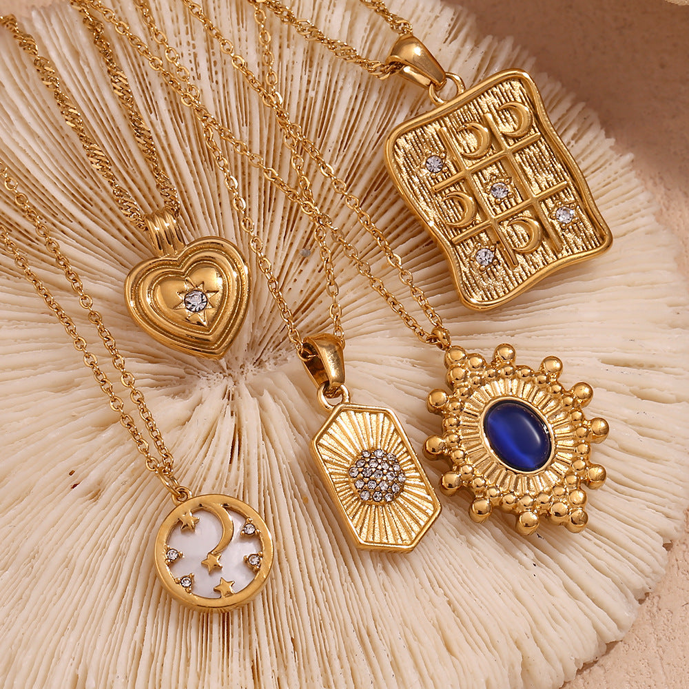 Collana da donna a pendente minimalista a mezza luna in acciaio inossidabile con placcatura in oro 18 carati e intarsio in pietra naturale