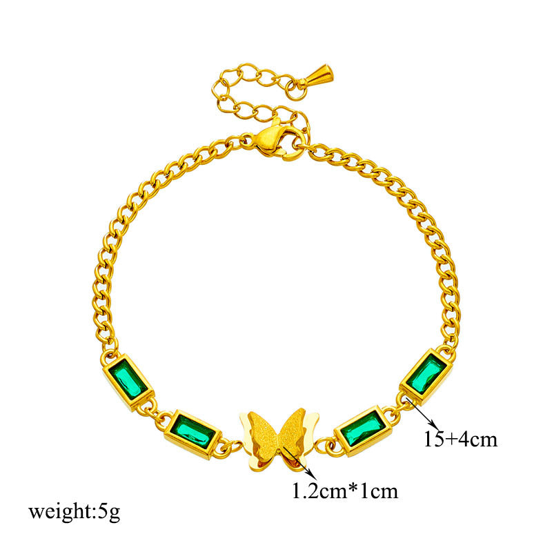 Bracciale vintage minimalista da donna in acciaio al titanio con farfalla quadrata e strass verdi