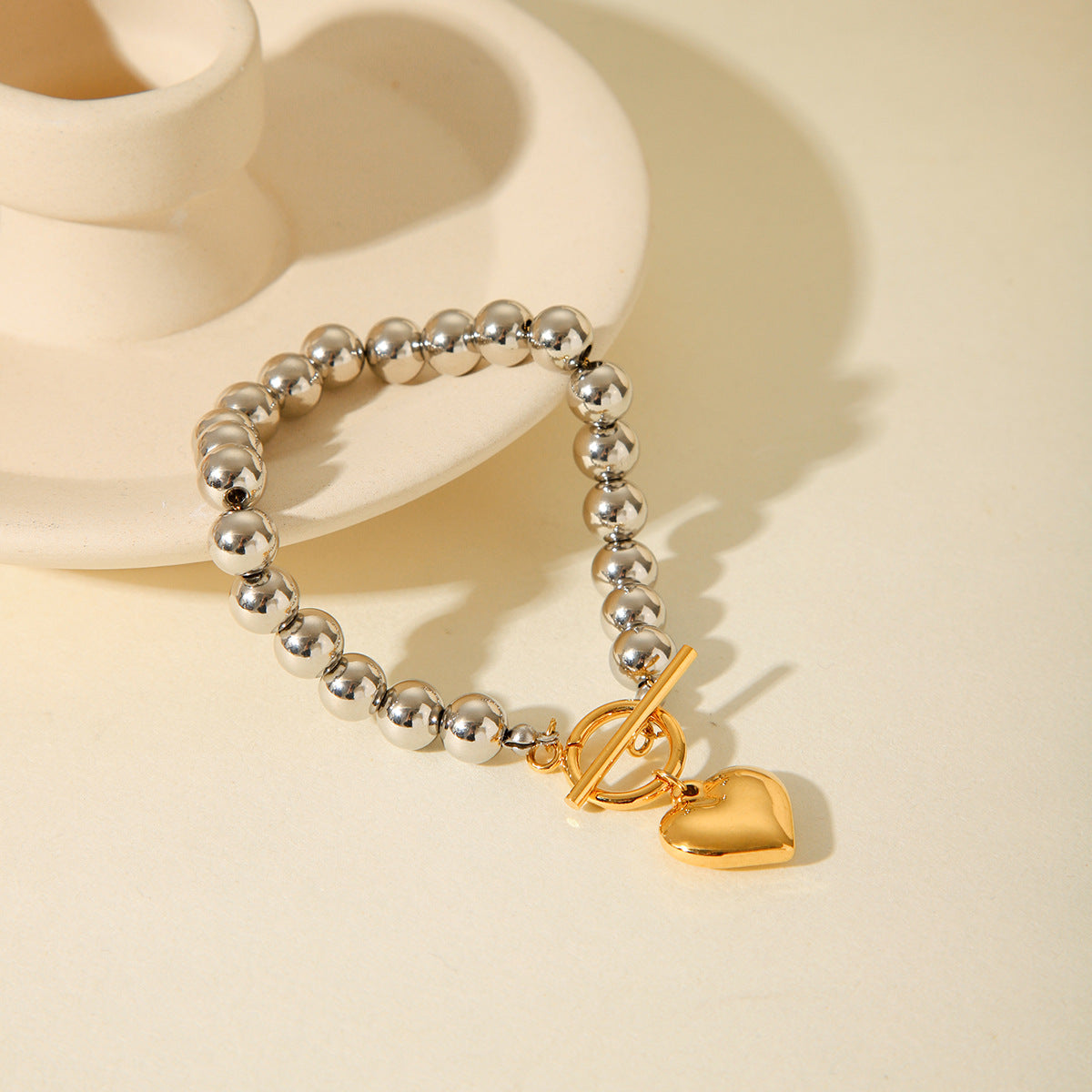 Minimalist Heart-Shaped Stainless Steel Plated Bracelet for Women with Round Beads and Geometric Design