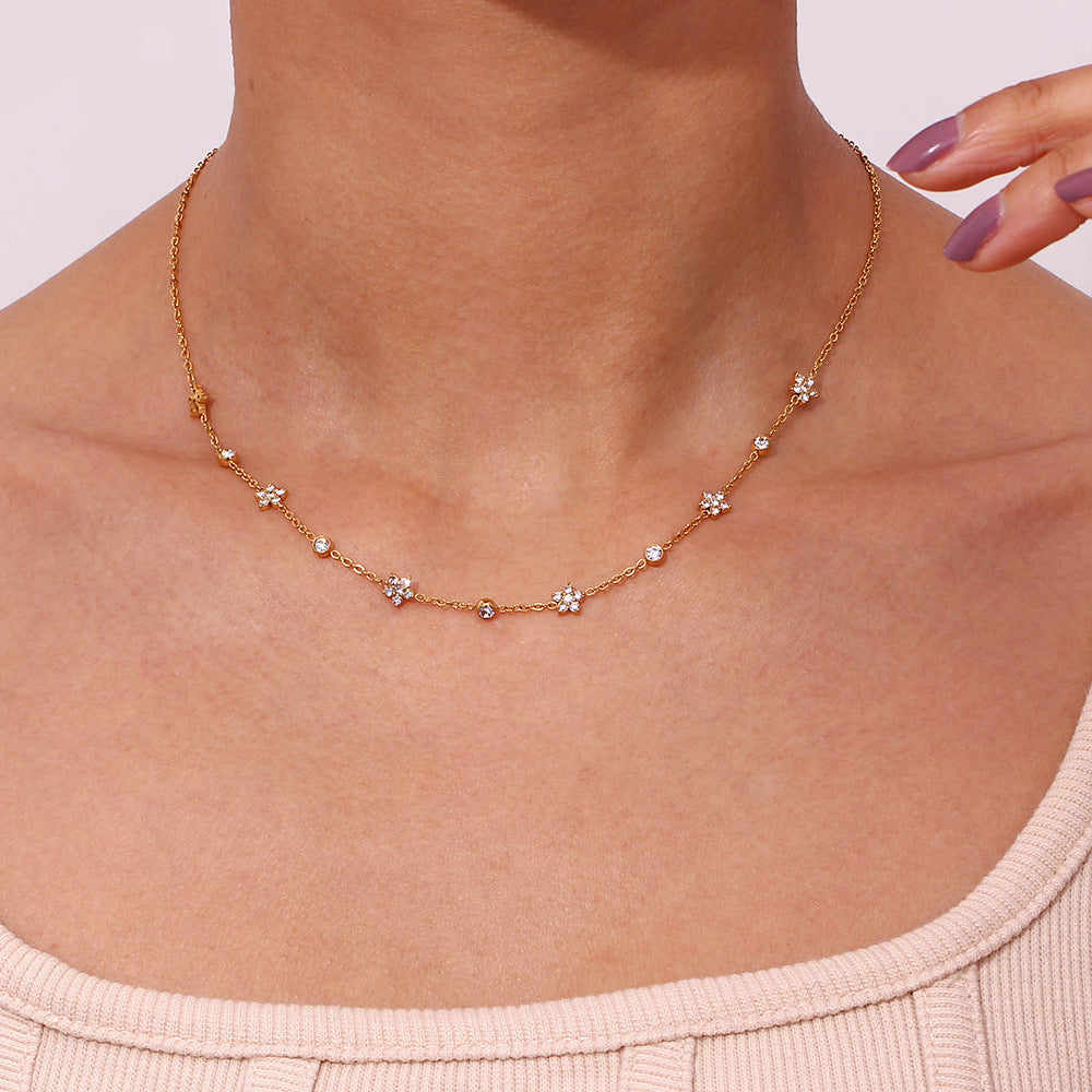 Minimalist Geometric Floral Pendant Necklace for Women in Stainless Steel with Titanium Steel Charm and Rhinestone Inlay on Cable Chain