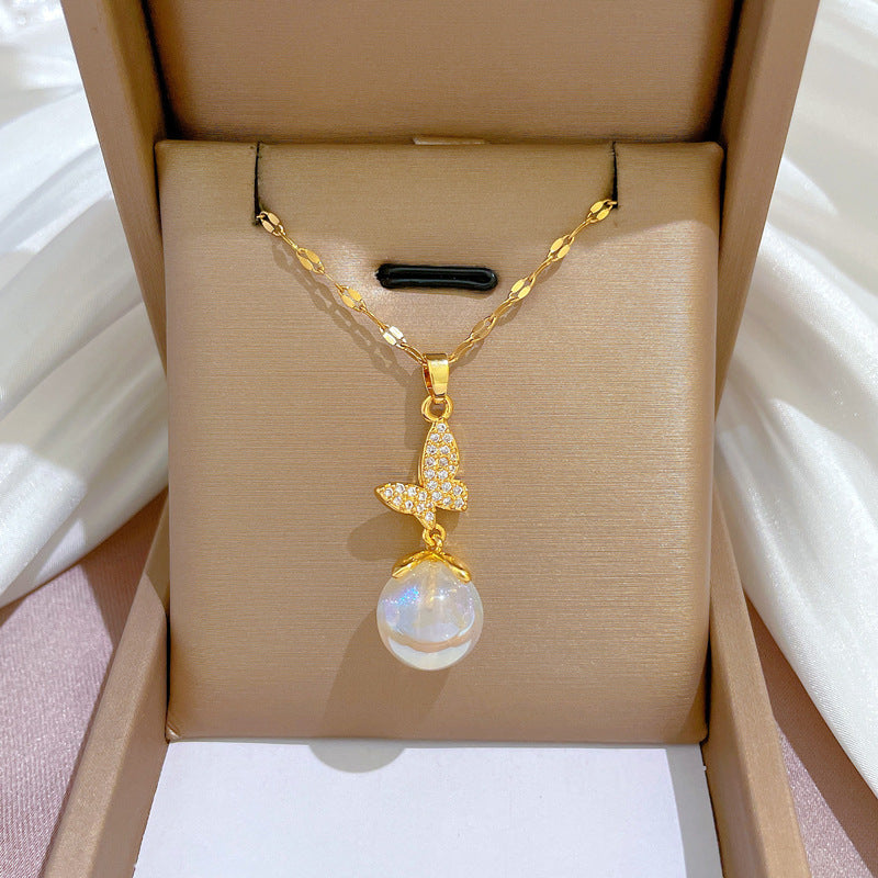Collana in acciaio al titanio placcato di lusso geometrico da donna con catena a labbra, pendente dolce per festa di matrimonio