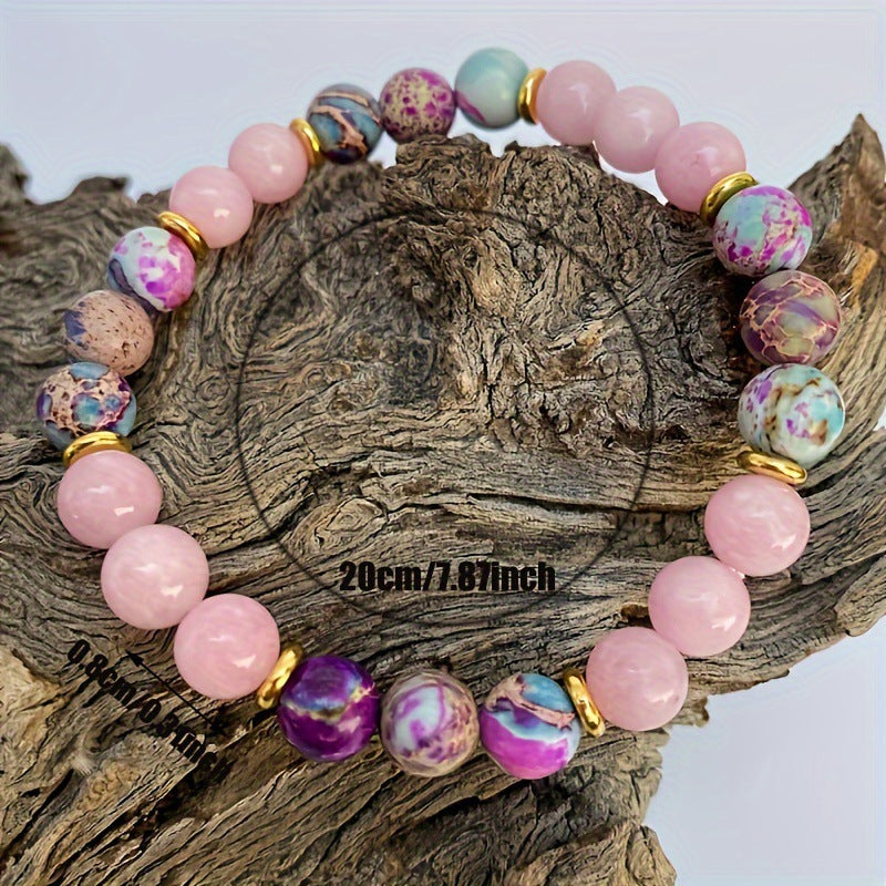 Casual Unisex 8mm Pink Crystal and Agate Beaded Bracelet Geometric Round Handmade Jewelry Gift