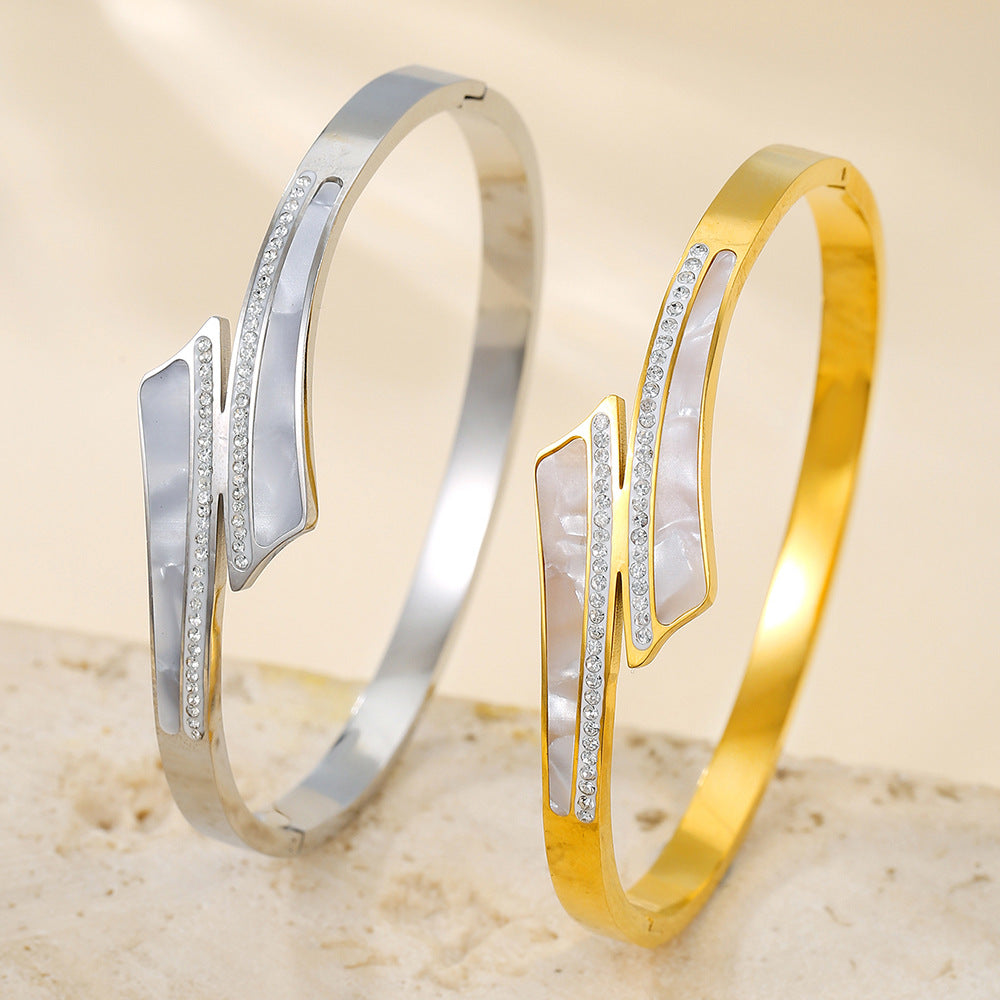 Cross Shape Titanium Steel Bracelet with Shell Inlay Plated Finish Open Cuff for Women