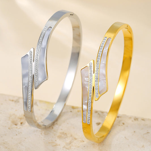 Cross Shape Titanium Steel Bracelet with Shell Inlay Plated Finish Open Cuff for Women