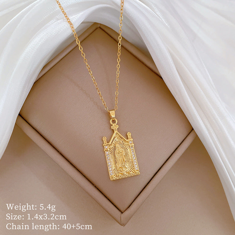 Geometric Minimalist Titanium Steel Lip Chain Necklace with Copper Pendant and Rhinestone Inlay