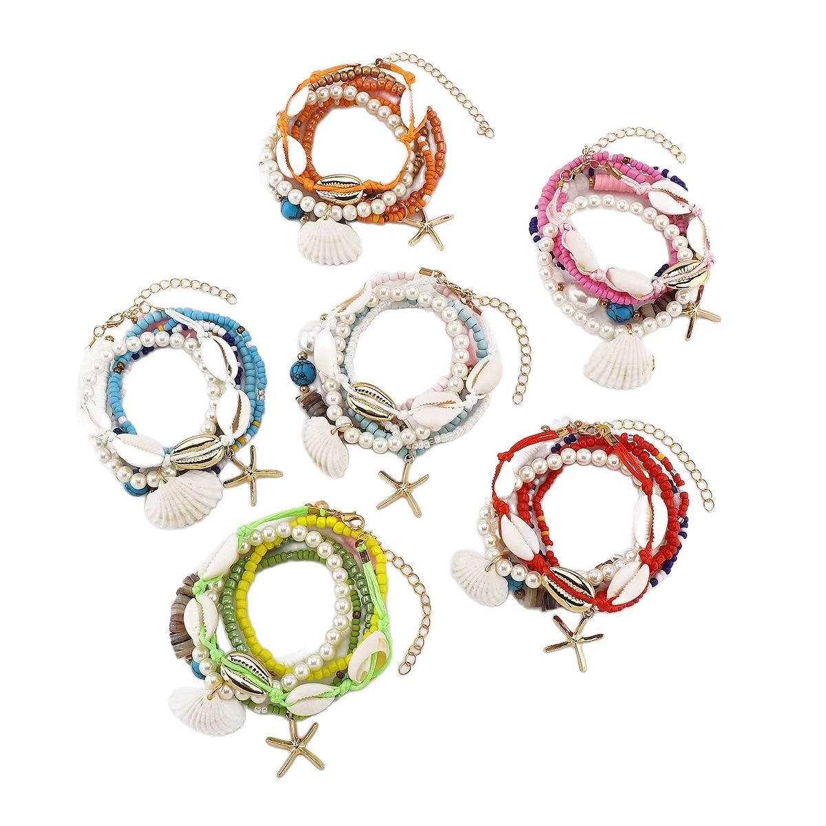 Set di bracciali da donna in stile bohémien con stelle marine e conchiglie, tessuti a mano