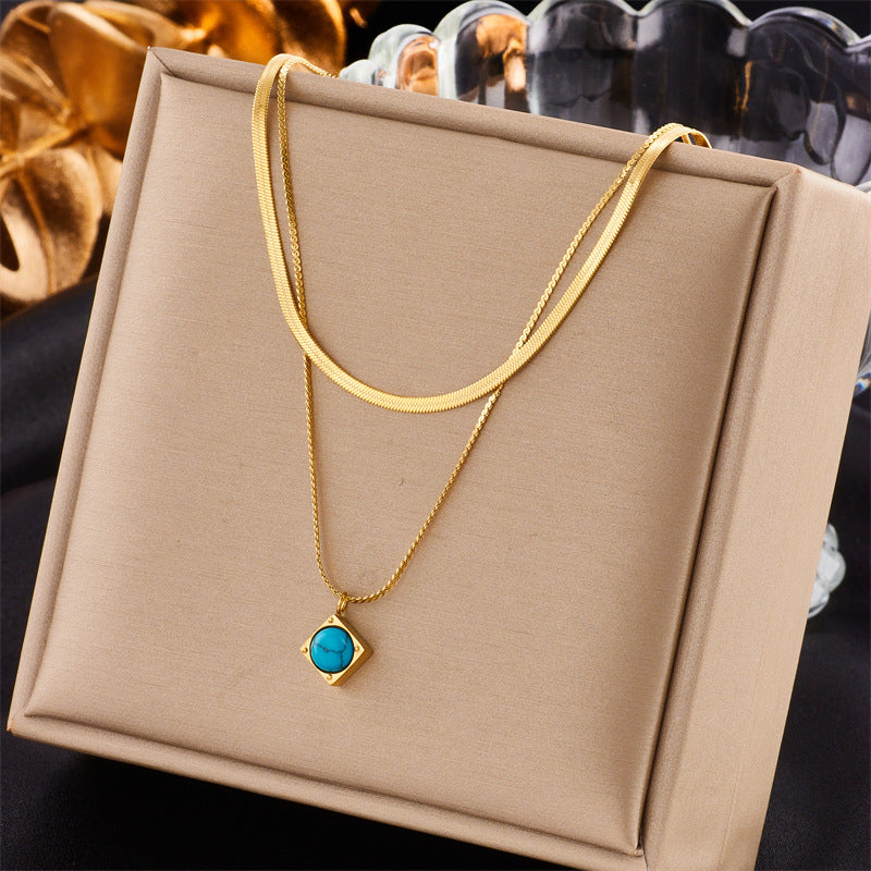 Vintage Fashionable Two-Tier Titanium Steel Necklace with Turquoise Square Pendant and Plated Finish
