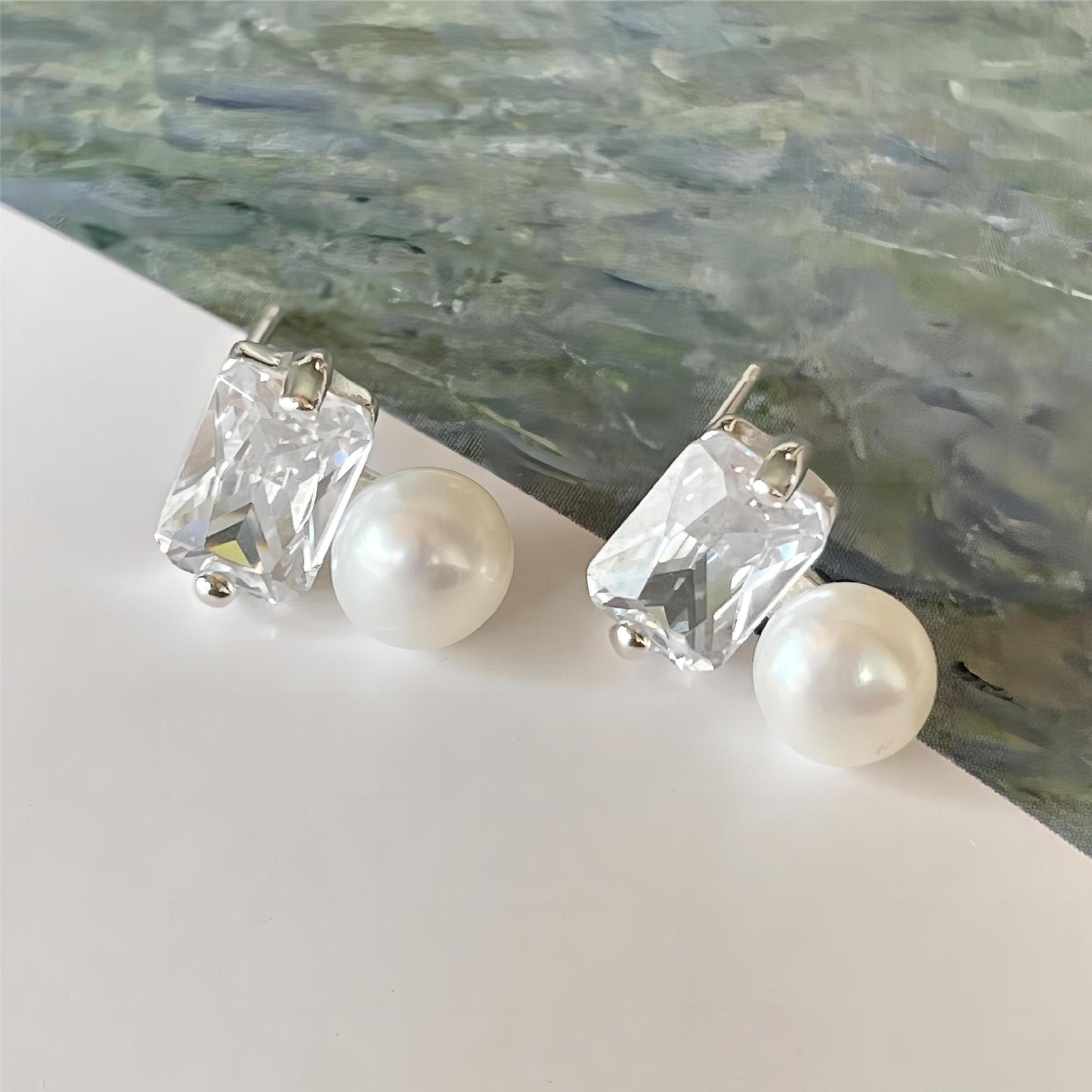 Minimalist Geometric Square-Cut Pearl Stud Earrings in 925 Sterling Silver with Plated Finish