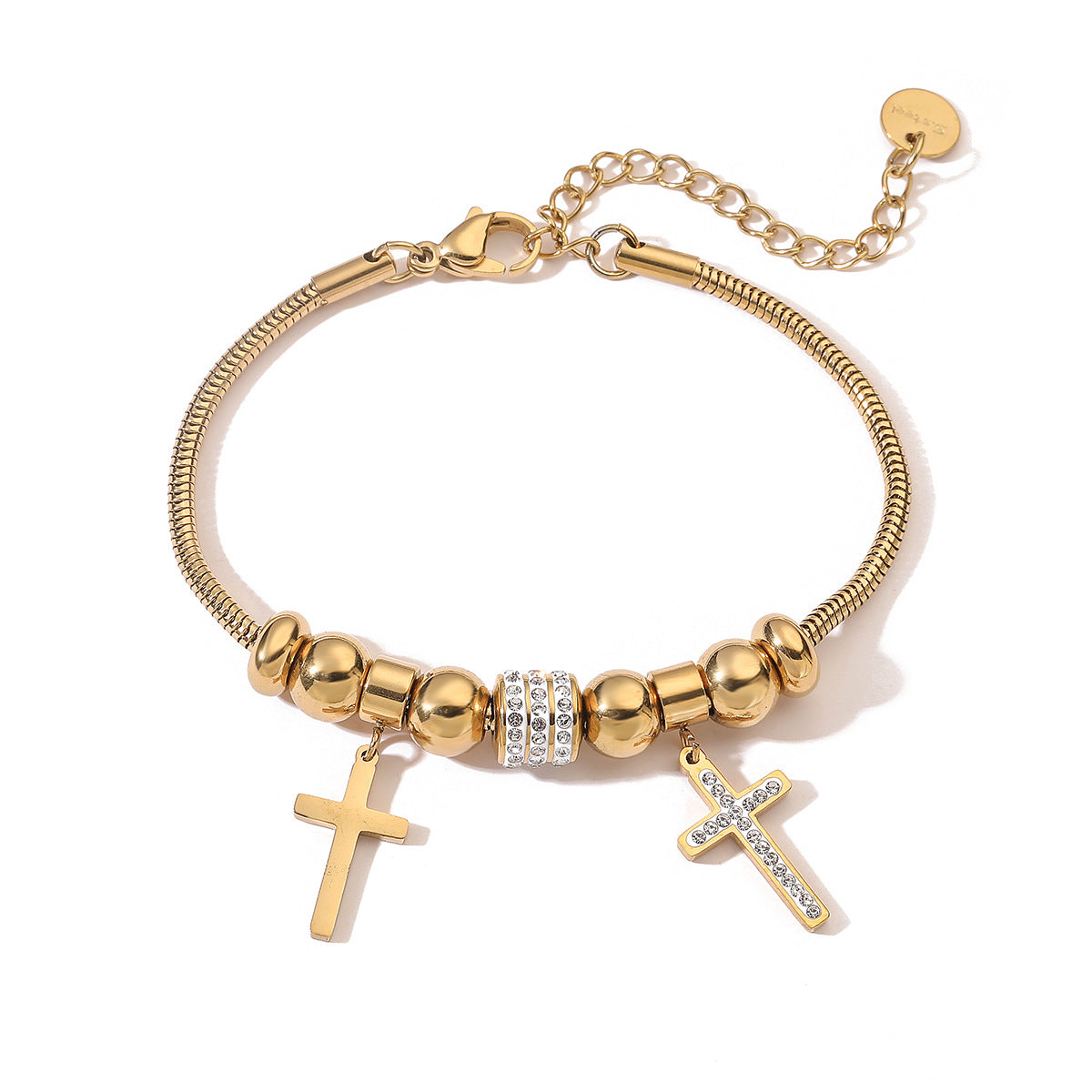 18K Gold Plated Stainless Steel Cross Bracelet with Cubic Zirconia for Women