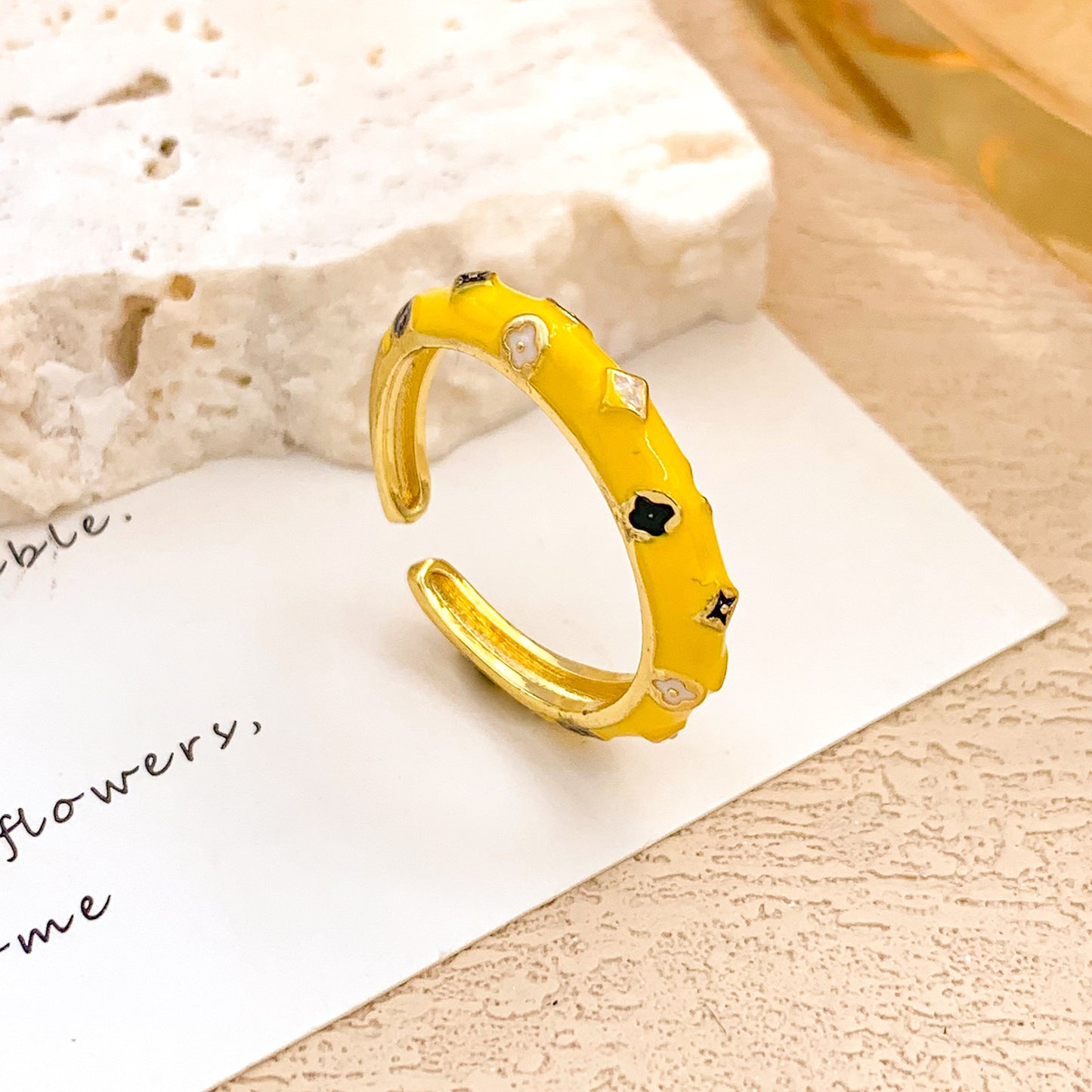 Sweet Gold Plated Drip Oil Floral Alloy Ring for Women