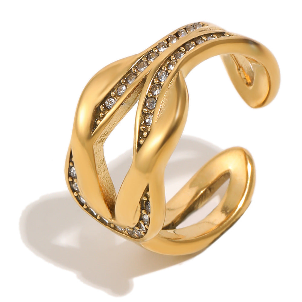 Elegant Minimalist Geometric Rhinestone Knot 18K Gold Plated Stainless Steel Open Ring for Women