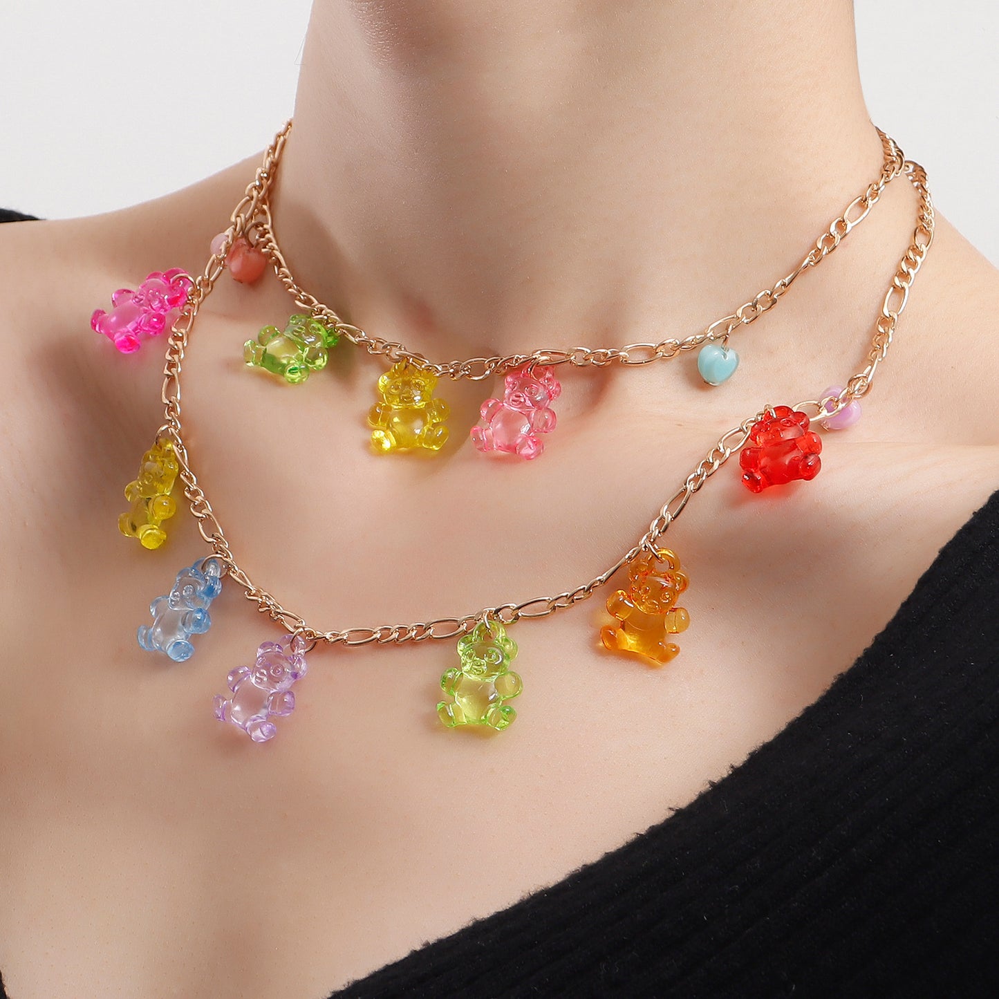 Cute Minimalist Double-Layer Bear and Heart Pendant Necklace for Women with Electroplated Metal Chain and Geometric Design