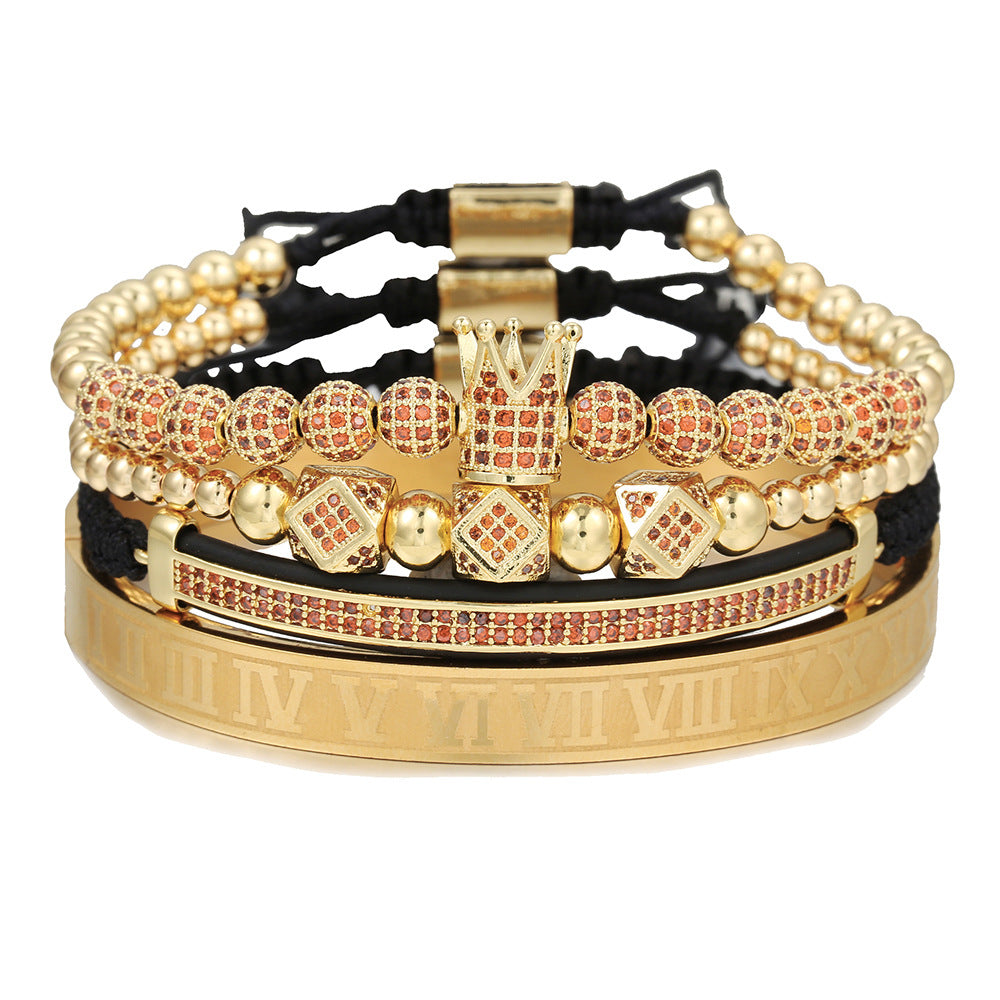 Fashion Unisex Micro-pave Cubic Zirconia Crown Ball Geometric Titanium Steel Bracelet Set
