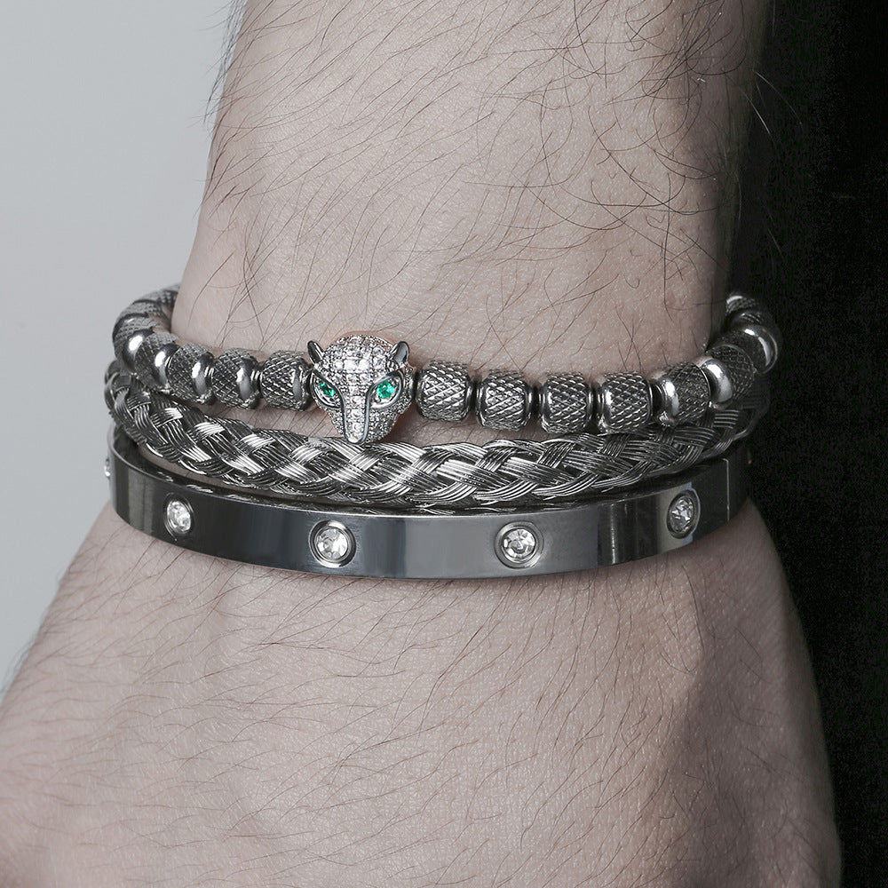 Vintage Leopard Head Geometric Inlaid Cubic Zirconia Stainless Steel Woven Bracelet Set