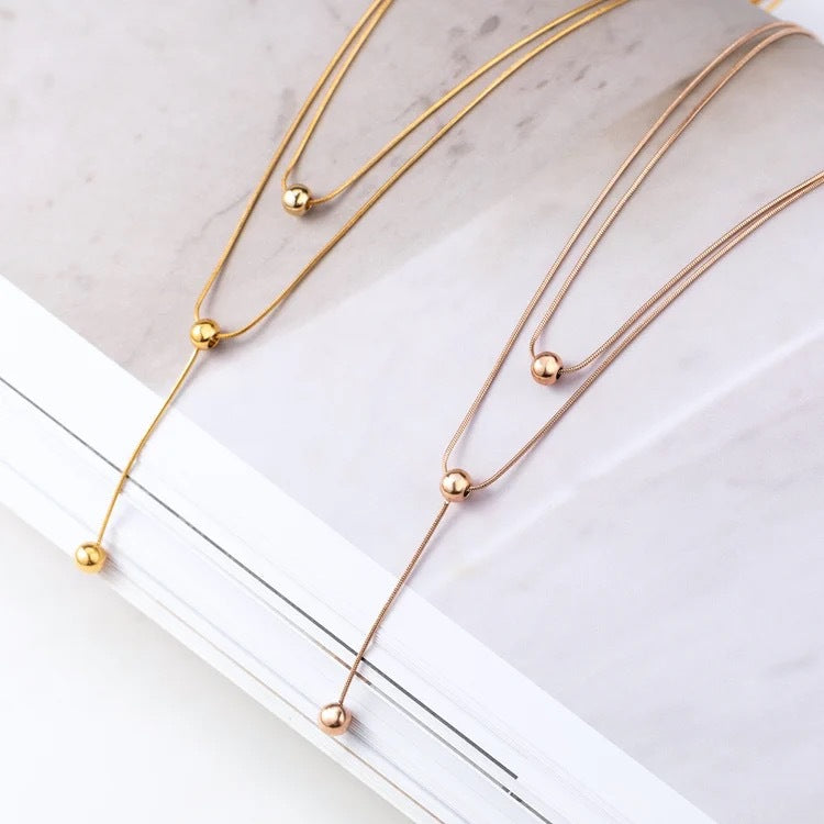Minimalist Geometric Double-Layer Titanium Steel Snake Chain Necklace with Tassel Pendant for Women