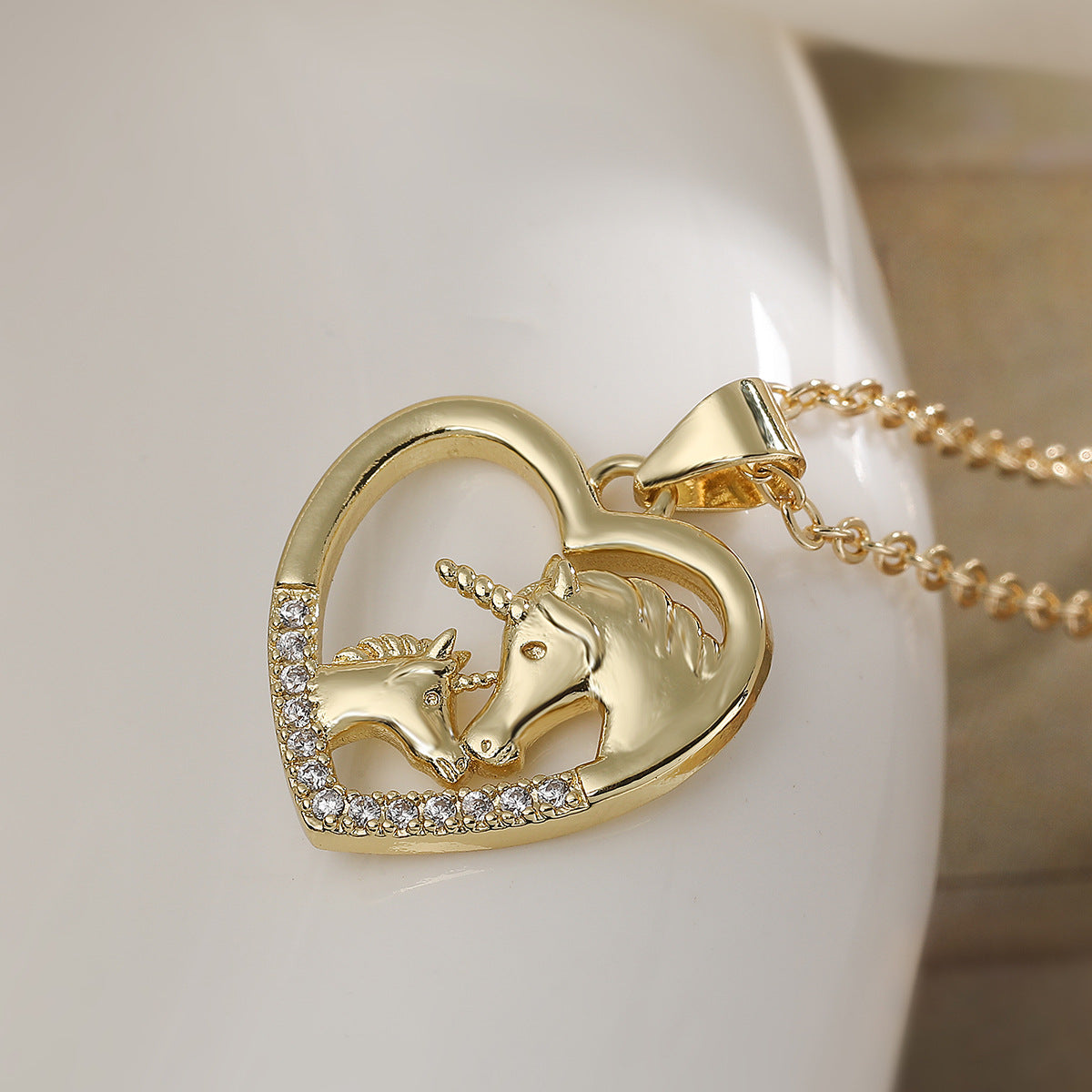 Minimalist 18K Gold Plated Brass Heart Horse Pendant Necklace with Cubic Zirconia
