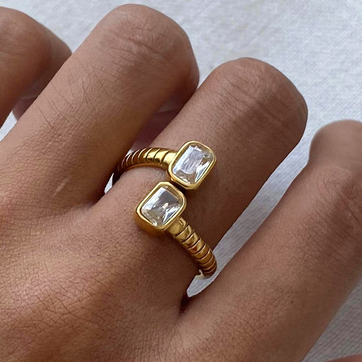 Elegant Stainless Steel Rhinestone Open Ring for Women with Plated Finish Minimalist Fashion Accessory