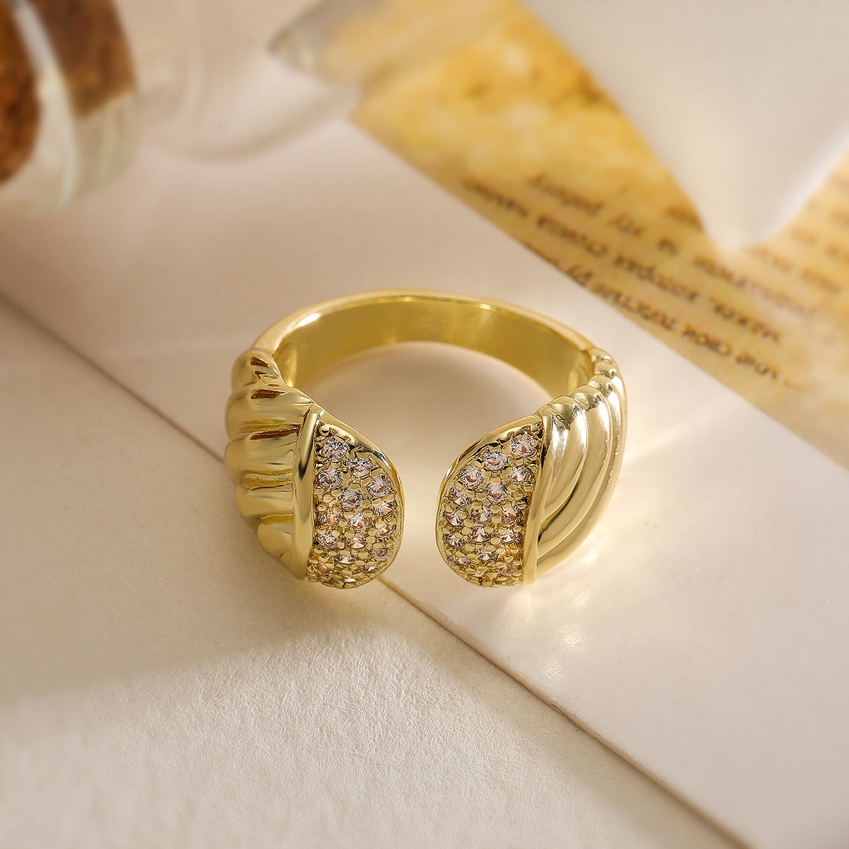 Minimalist Geometric Open Ring for Women Made of Brass with 18K Gold Plating and Zircon Inlay