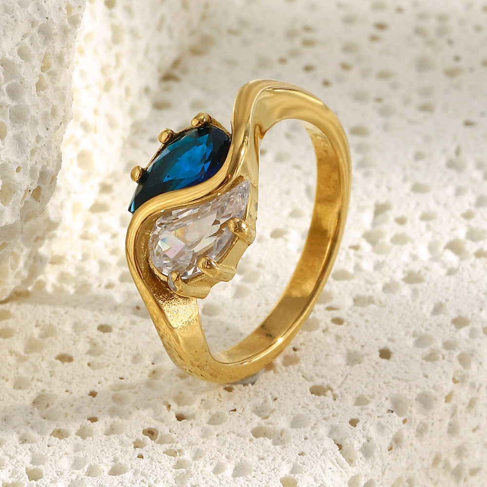 Anello da donna in acciaio inossidabile placcato oro 18 carati con zircone a goccia Tai Chi, geometrico e minimalista