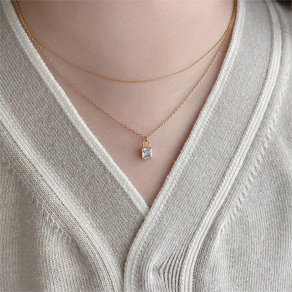Minimalist Geometric Square Zircon Lock Pendant Necklace in 925 Sterling Silver with Plated Finish on Snake Chain