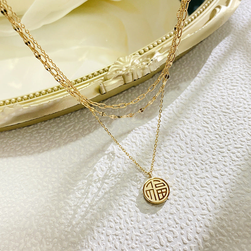 Vintage Ethnic Gold Plated Titanium Steel Round Fu Character Pendant Necklace for Unisex