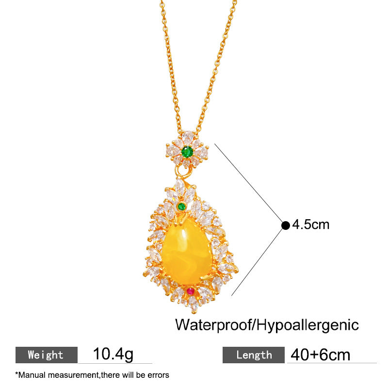Sweet Sporty Heart Fruit Lemon Yellow Agate Inlay Brass Pendant Titanium Steel Plated Cable Chain Necklace