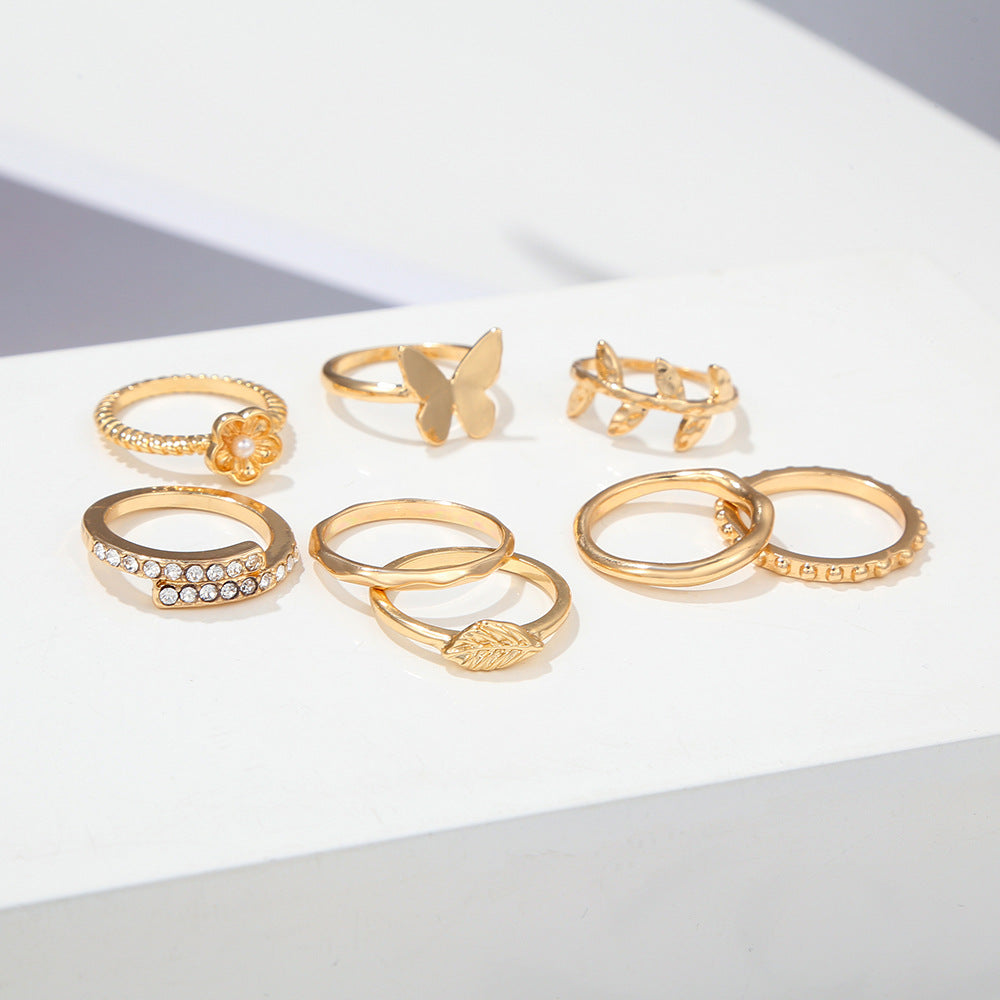 Leaf Flower Butterfly Geometric Alloy Ring Set with Rhinestone Inlay for Women