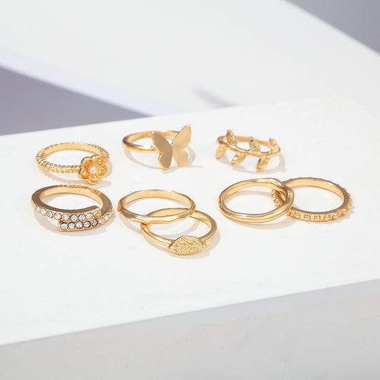 Leaf Flower Butterfly Geometric Alloy Ring Set with Rhinestone Inlay for Women