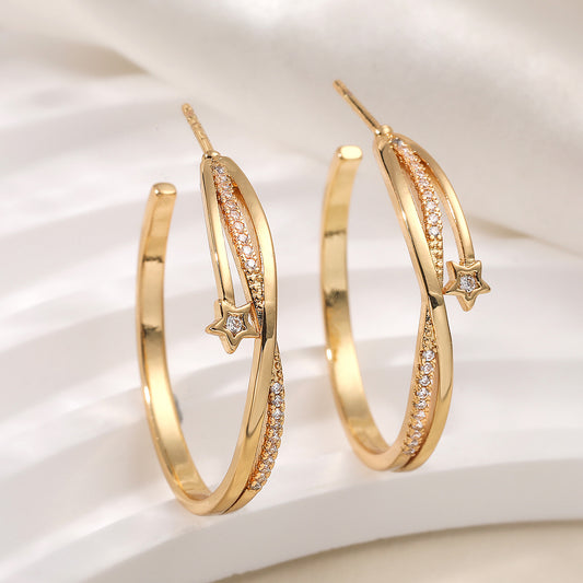Fashion Geometric 18K Gold Plated Brass Cubic Zirconia Hoop Earrings for Women