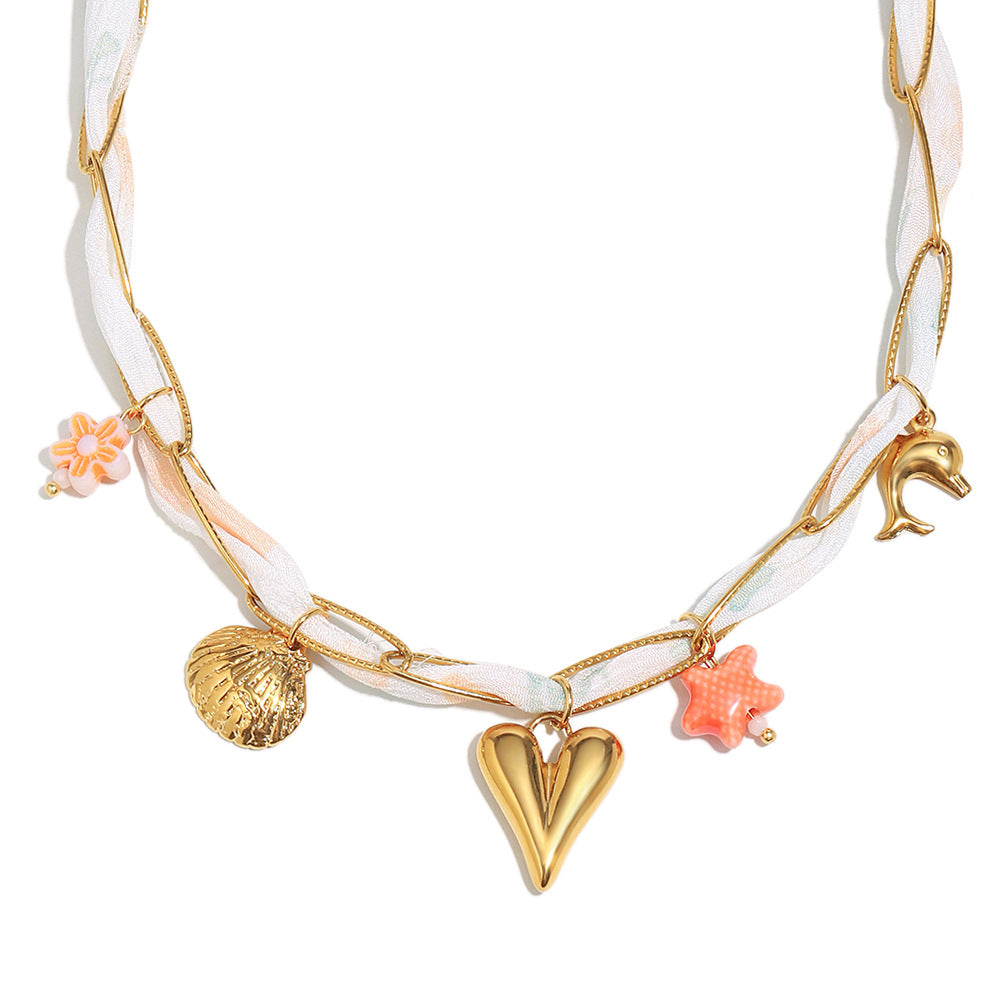 Collar con colgante de mariposa de moda para mujer con cadena de acero inoxidable chapada en oro de 18 quilates con detalles florales de esmalte y conchas marinas