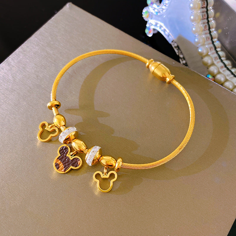 Minimalist Luxury Hollow Mickey Cartoon Leather Titanium Steel Bracelet Gold Plated