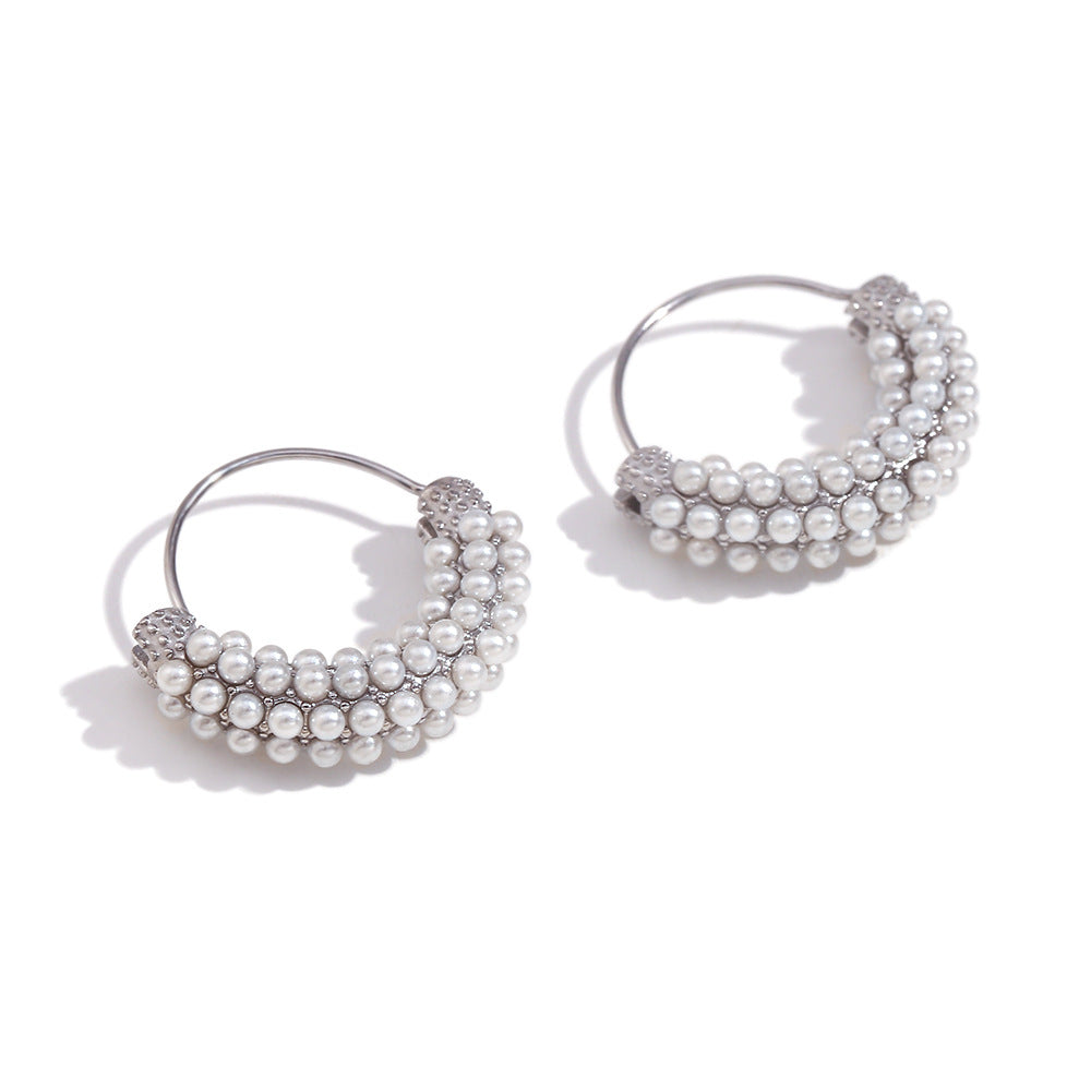Fashionable Vintage-Inspired Geometric Stainless Steel Plated 18K Gold Hoop Earrings with Micro-Pave White Cubic Zirconia and Pearl Accents