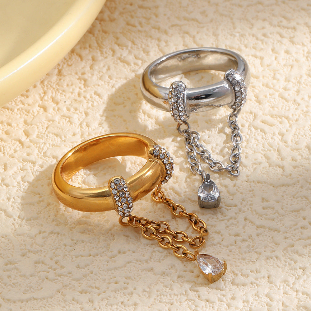 Minimalist Luxury 18K Gold Plated Stainless Steel Geometric Teardrop Ring with Cubic Zirconia and Tassel Chain for Women