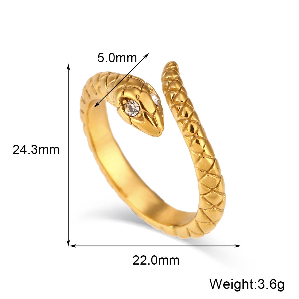 Anello da donna vintage a serpente in acciaio inossidabile placcato oro con strass bianchi